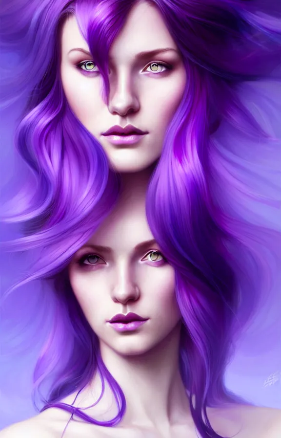 Image similar to Purple hair relistic Portrait of a woman with bright colored flying hair, all shades of purple. Hair coloring, long hair, blue eyes, fantasy, intricate, elegant, highly detailed, digital painting, artstation, concept art, smooth, sharp focus, illustration, art by artgerm and greg rutkowski and alphonse mucha