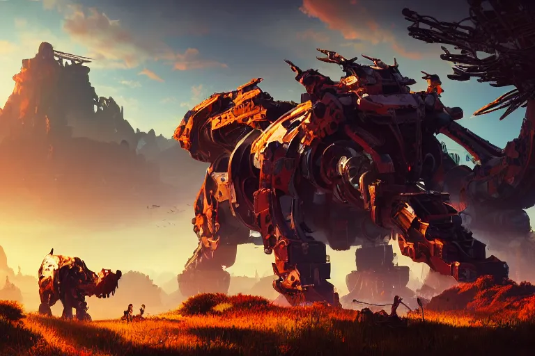 Image similar to behemoth machine mecanical creature robot of horizon forbidden west horizon zero dawn radiating a glowing aura global illumination ray tracing hdr fanart arstation by ian pesty and alena aenami artworks in 4 k