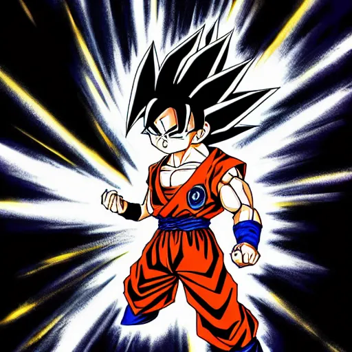 Prompt: Goku going crazy, rampaging everything, super saiyan black, black dress, dark aura, by Akira Toriyama