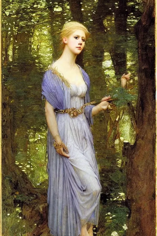 Image similar to portrait of a blue eyed, blonde haired crowned queen of summer with light elvish overtones and a forest background by John WIlliam Waterhouse