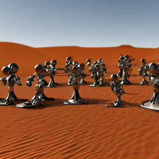 Image similar to army of army of metallic robots in desert, raytracing, 5 5 mm