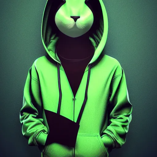 Image similar to a hacker cat, green hoodie accomplished look, dark background, shadows, portrait, fantasy, matte painting, bold shapes, hard edges, octane render, unreal engine