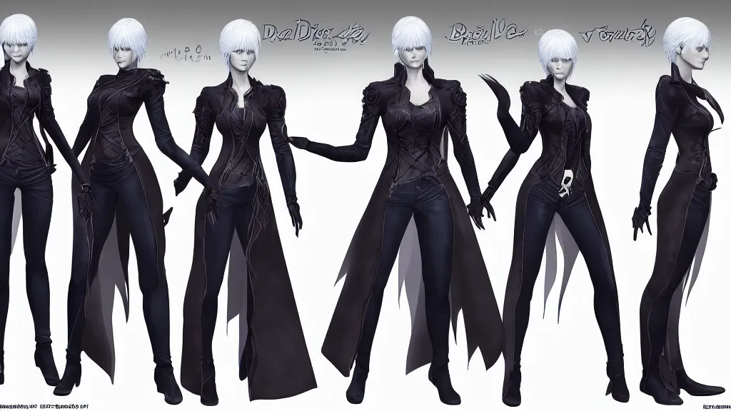 Prompt: devil may cry female Vergil character design sheet, trending on artstation