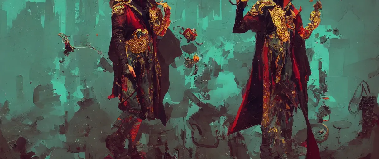 Image similar to duotone comic noir illustration painting of olgierd von everec with red rair in nobleman green and purple and golden ornaments robes by sachin teng and sergey kolesov and ruan jia and heng z. graffiti art, scifi, fantasy, hyper detailed. octane render. concept art. trending on artstation