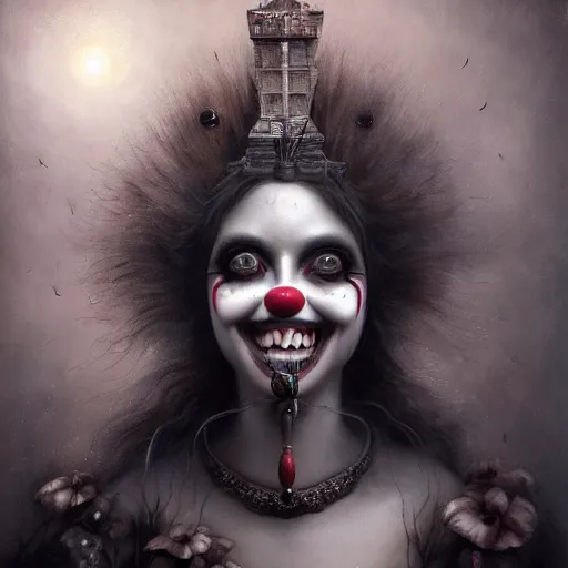 Prompt: By Tom Bagshaw, ultra realist soft painting of a curiosities carnival by night, Female Clown big smile long tongue dirty teeth and dressed, horror, omnious sky, symmetry accurate features, very intricate details, black and white, volumetric light clouds