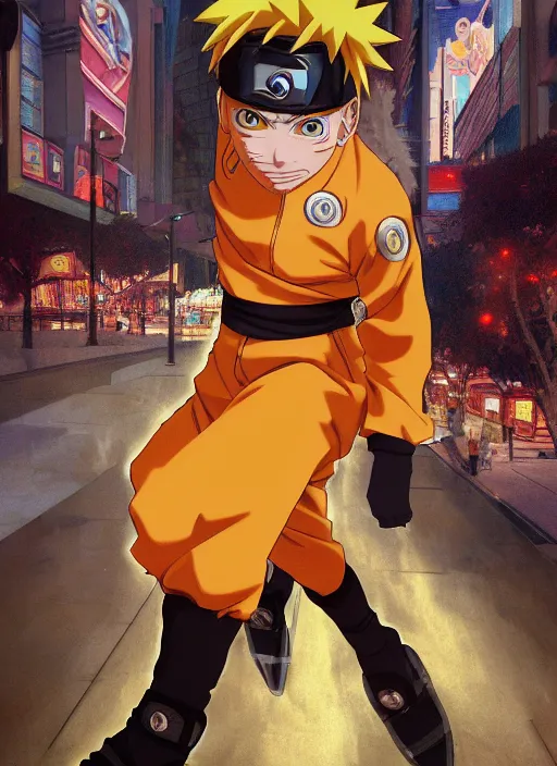 Image similar to Naruto Uzumaki running in Las Vegas strip, sigma male, accurately portrayed, portrait art by alphonse mucha and greg rutkowski, highly detailed, digital painting, concept art, illustration, dim lighting with twilight rays of sunlight, trending on artstation, very detailed, smooth, sharp focus, octane render, close up