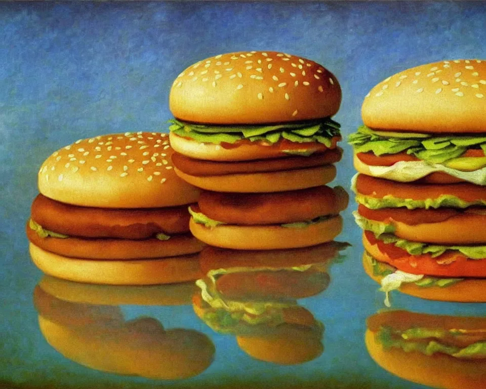 Prompt: achingly beautiful painting of a big mac by rene magritte, monet, and turner. whimsical.