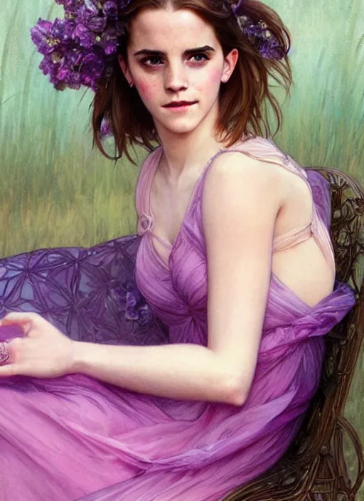 Image similar to emma watson wearing revealing pink and purple chiffon dress with flounces. beautiful detailed face. by artgerm and greg rutkowski and alphonse mucha