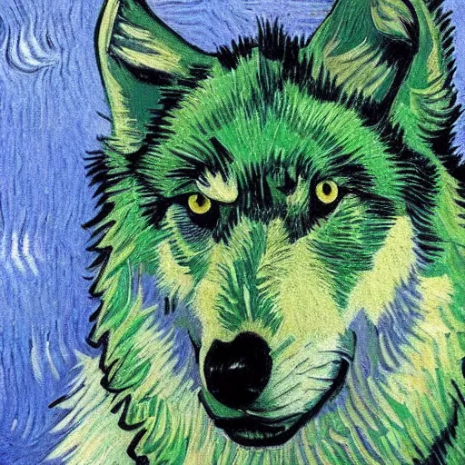 Image similar to green wolf, style of van gogh