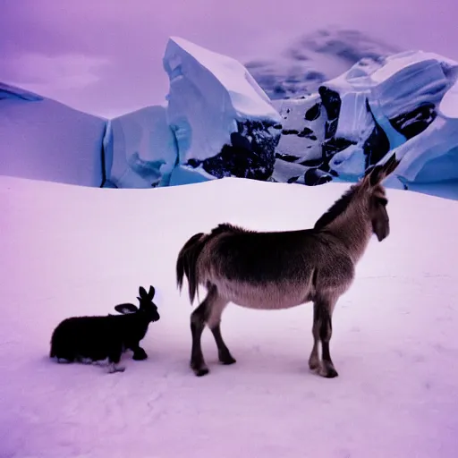 Prompt: photo of donkey in Antarctica, cinestill, 800t, 35mm, full-HD