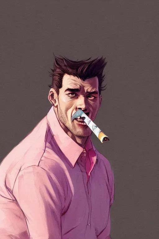 Image similar to realistic antropomorphic wolf wearing pink shirt and smoking cigarette, digital painting, artstation, concept art, smooth, sharp focus, illustration, art by artgerm, james jean, jean giraud, edward hopper, gaston bussiere and greg rutkowski