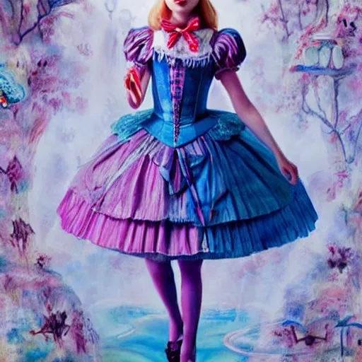 Image similar to a striking hyper real painting of Elle Fanning in Alice in Wonderland