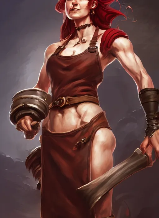 Image similar to a highly detailed illustration of fierce red haired blacksmith woman wearing apron, muscular, dramatic smile pose, intricate, elegant, highly detailed, centered, digital painting, artstation, concept art, smooth, sharp focus, league of legends concept art, wlop.