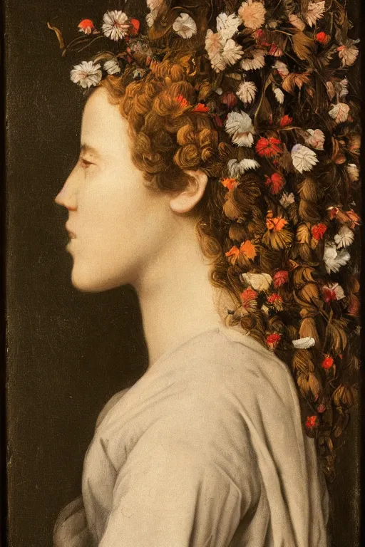 Image similar to a woman's face in profile, with long hair made of flowers and fruit, in the style of the dutch masters, dark and moody