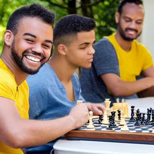 Image similar to two young guys are sitting at a table, playing chess. One is wearing a yellow tanktop and is smiling. The other has a white shirt and looks angry. The sky is blue with a Mediterranean background. Foto. Detailed faces. Detailed hands.