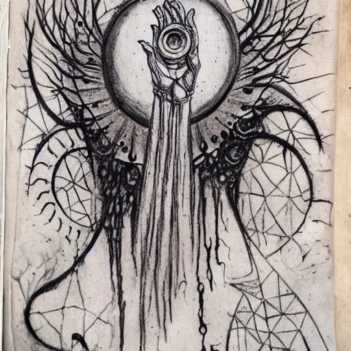 Prompt: scan of book with intricate ink drawings of occult drawing for a black magic ritual in a book about magic. lovecraftian feeling. by Agnes Cecile but in charcoal and blood. on a parchment made from thin leather. the parchment is 2000 years old.