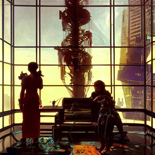 Prompt: (Night City Cyberpunk 2077) Frenetic domesticity, with a parent and child in the center, surrounded by futuristic items of convenience. The colors are muted-neon and calming, serine complacency. By Ellen Jewett, by Lawrence Alma-Tadema, realistic