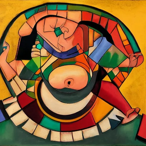 Image similar to fat mayan woman dancing, brilliant sunset, cubism, muted colors, texture