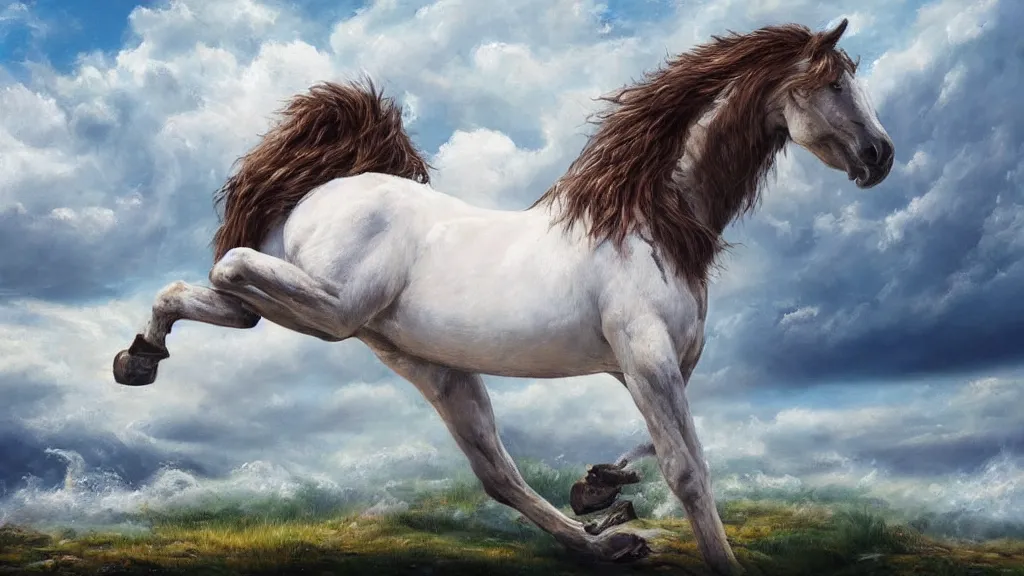 Image similar to very realistic oil painting of horse made of clouds , beautiful, highly detailed, masterpiece, next to a small crystal clear river, Hearthstone style