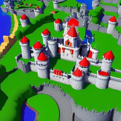 Prompt: 3D Mario 64 castle aerial view in the spring, 4k