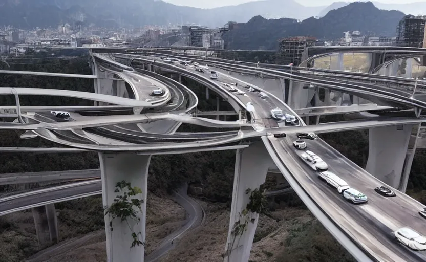 Image similar to valley of chrome, futuristic car driving on elevated highway