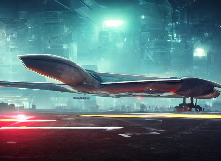 Image similar to immense futuristic jet plane arrives at runway of cyberpunk airport at night ,cinematic lighting, concept art