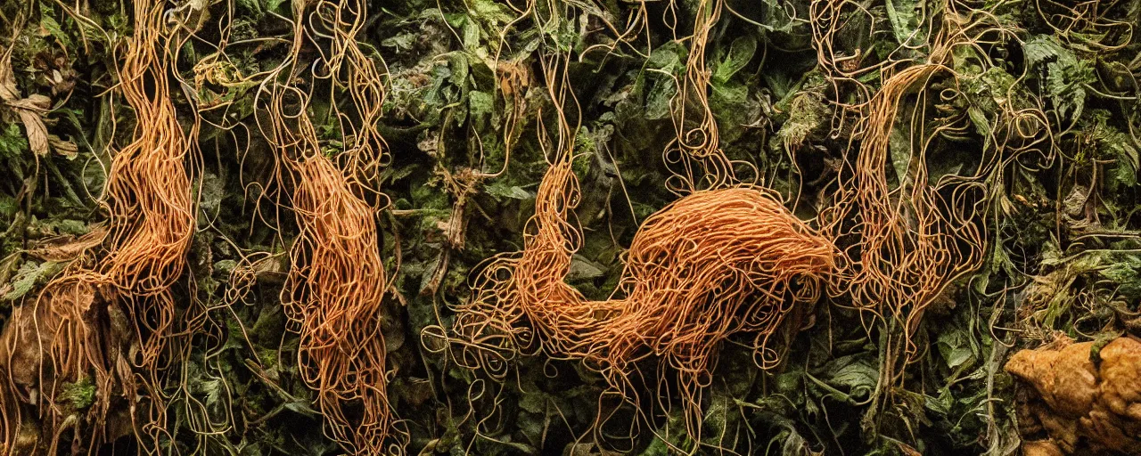 Image similar to taxidermized, the first humans discovering spaghetti on a mountain side, cloud forest, hyper - realistic, small details, intricate, sharply focused, 2 0 mm lens, wes anderson film, kodachrome