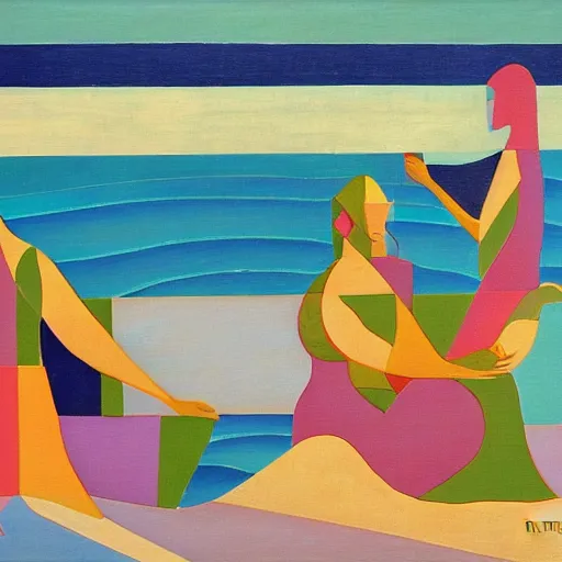 Image similar to two Women weaving the tapestry of life by the ocean as the tide comes in , high quality art in the style of cubism and georgia o’keefe and art deco,
