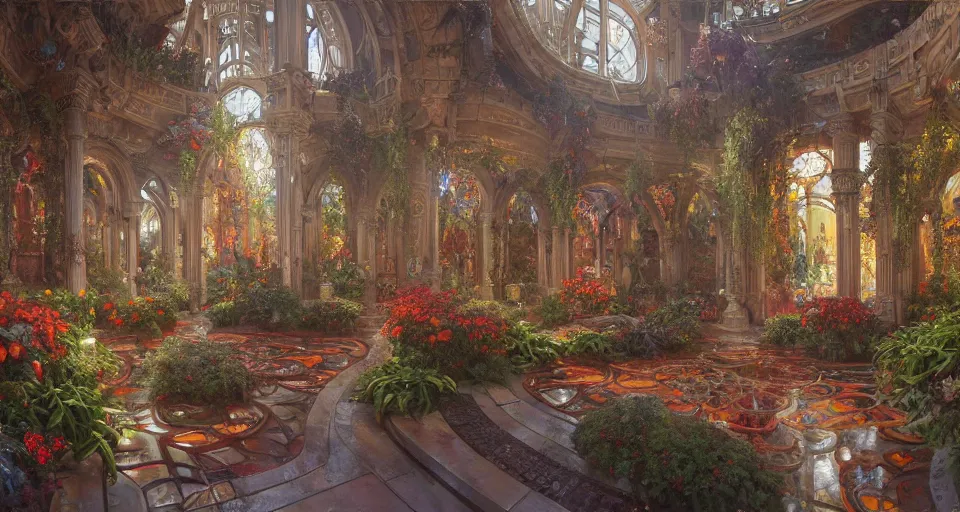 Prompt: an oil painting by donato giancola, warm coloured, cinematic scifi luxurious futuristic foggy hydroponic victorian garden circular courtyard with bulbous stained glass floral fungi cactus growing out of pretty ceramic baroque fountains, gigantic pillars and flowers, beeple, halo, star wars, ilm, star citizen, halo, mass effect, artstation, atmospheric perspective