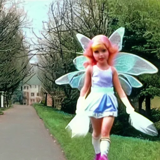 Prompt: found 90s vhs footage of real life fairy walking in suburban streets