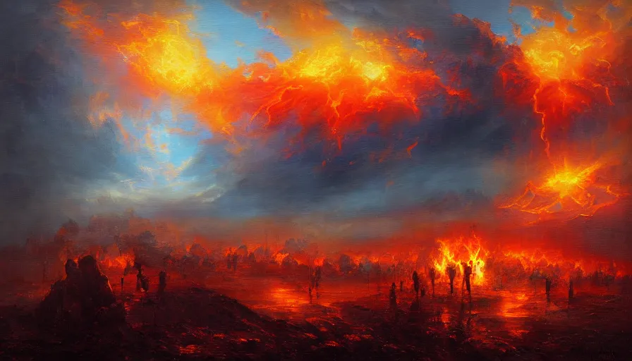 Image similar to a cubic landscape with fire in the sky, ghostly figures, by mariusz lewandowski