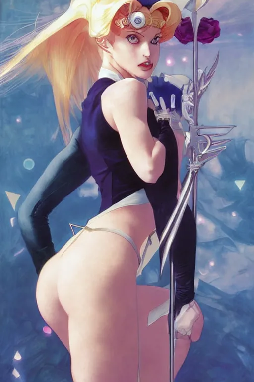 Image similar to blonde sailor moon as aeon flux, by Stanley Artgerm Lau, greg rutkowski, Craig mullins, Peter chung, thomas kindkade, alphonse mucha, loish,