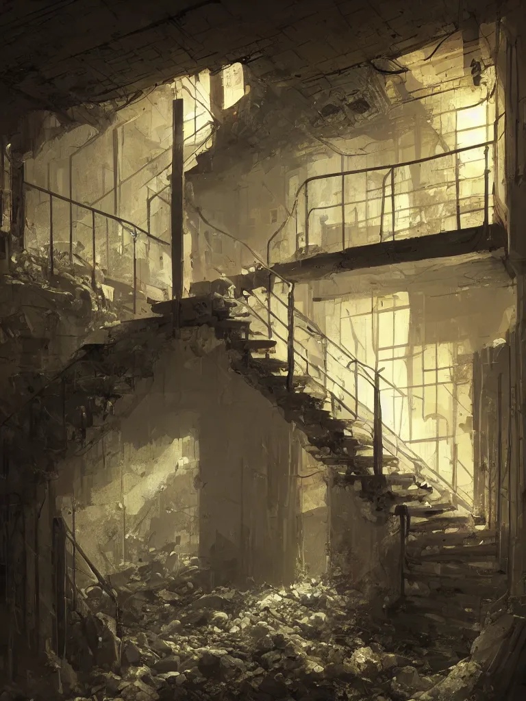 Prompt: down a basement staircase in a painting from stalenhag, 4 k, 8 k, hdr, artstation, concept art