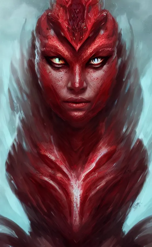 Image similar to face portrait of dragon kin woman, with pretty red ruby eyes, dynamic lighting, fantasy concept art, trending on art station, stunning visuals, creative, cinematic, ultra detailed