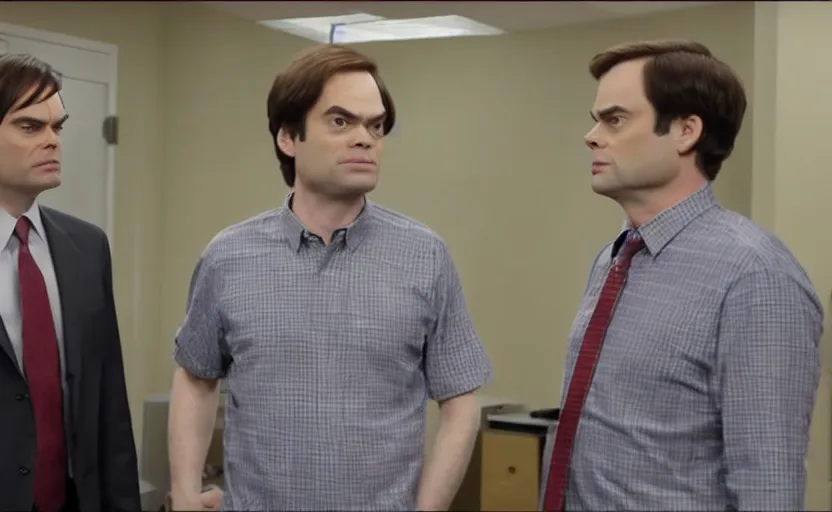 Image similar to screencap from the office, dwight schrute meeting bill hader barry in dunder mifflin, hd screencap