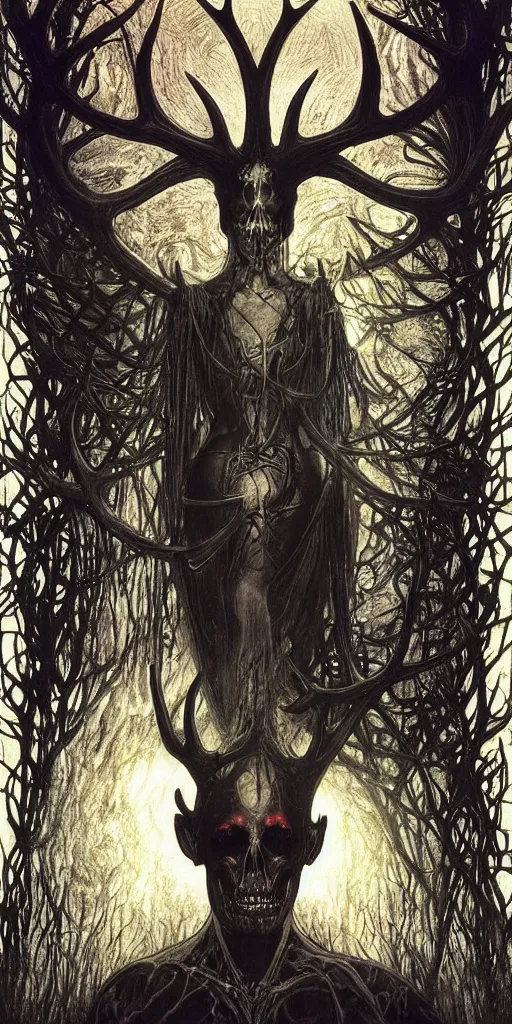Image similar to intense glowing black metal pagan god with veins and antlers and intense pure black eyes and a blood skull in very dark wooden cathedral by beksinski and alphonse mucha and artgerm, portrait, fantasy, clear, light beams, lens flare, intense, uhd, amazing depth, cinematic lighting, shining gold and black and red