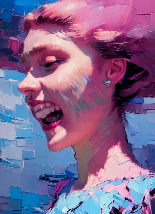 Image similar to portrait of a beautiful girl, smiling, ecstatic, dancing, eyes closed, open mouth, shades of pink and blue, beautiful face, rule of thirds, intricate outfit, spotlight, by greg rutkowski, by jeremy mann, by francoise nielly, by van gogh, digital painting