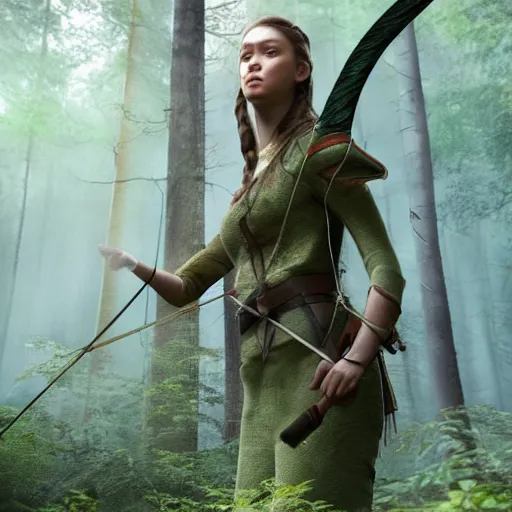 Image similar to alycia debnam carey as female archer in a forest wielding her bow, dnd, fantasy, illustration, Ray tracing reflection, natural lighting,