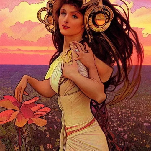 Image similar to stanley artgerm alphonse mucha style alien invasion in the horizon sunset skies, hyperrealism photo - realistic lifelike maximalist hyperrealism