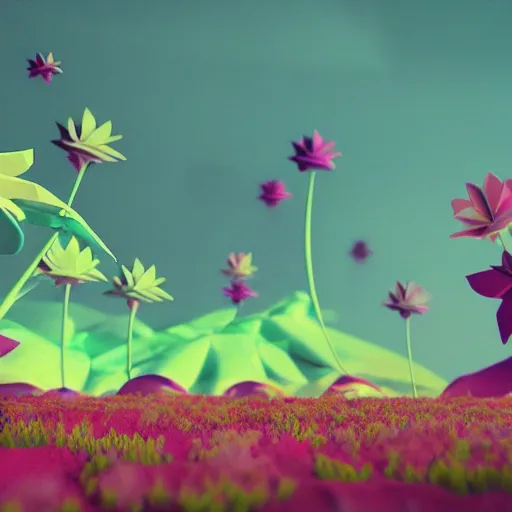 Image similar to an epic flowering alien landscape in the style of origami, 8 k, cinematic light