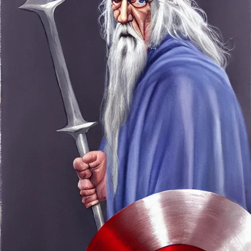 Prompt: gandalf as captain america, painting