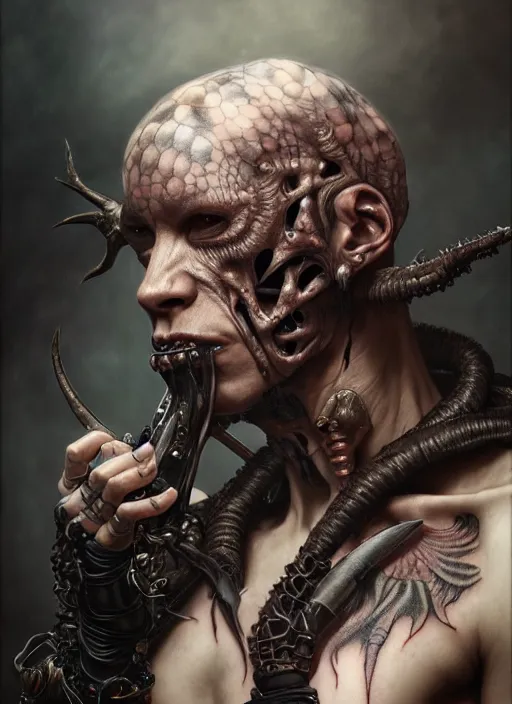 Image similar to ultra realistic, male human predator, goth, tattoos, leather, fantasy, flesh, bone, body horror, intricate details, eerie, highly detailed, octane render, 8 k, art by artgerm and alphonse mucha and greg rutkowski