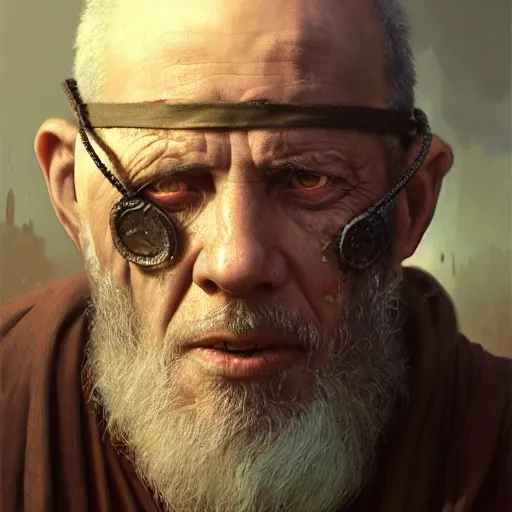 Prompt: portrait painting of a post - apocalyptic older american man blindfolded and wearing monk garbs with a scrap pauldron, ultra realistic, concept art, intricate details, eerie, highly detailed, photorealistic, octane render, 8 k, unreal engine. art by artgerm and greg rutkowski and charlie bowater and magali villeneuve and alphonse mucha