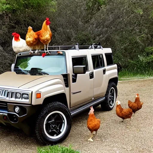 Prompt: a hummer h 2, surrounded by chickens