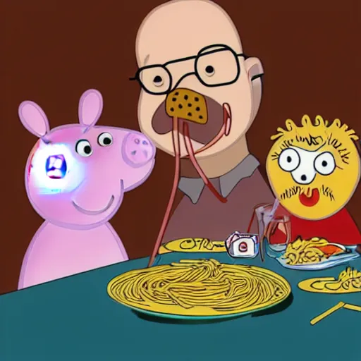 Prompt: Walter white and peppa pig eating spaghetti lady and the tramp style