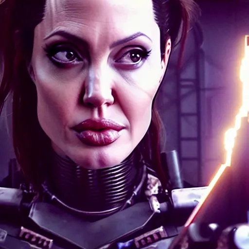 Prompt: promotional beautiful realistic portrait of <Angelina Jolie> as <Cyberpunk> in the new movie directed by <Tetsuya Nomura>, <heavily armored and brandishing sci-fi blaster>, <perfect face>, movie still frame, promotional image, imax 70 mm footage