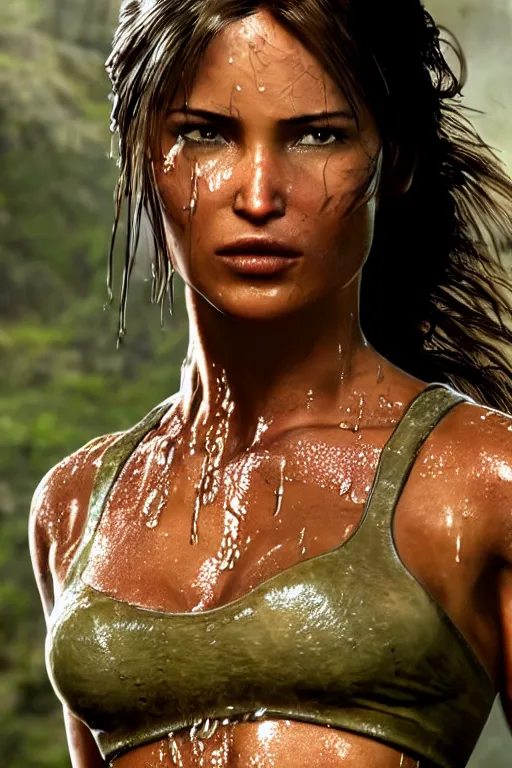 Prompt: a film still of lara croft, close up face detail, muscular, wet body, photography, wet dripping hair, emerging from the water