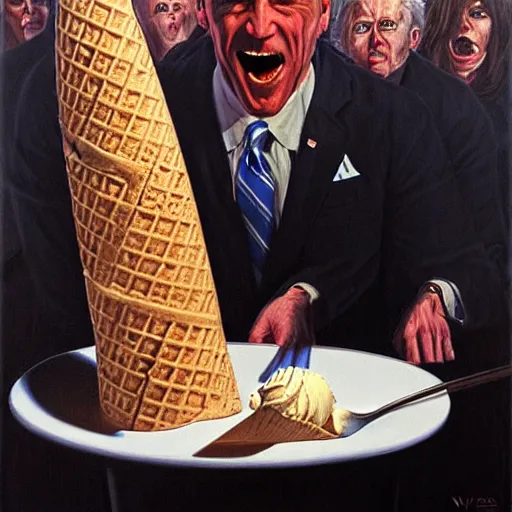 Image similar to epic Joe Biden eats waffle cone ice cream in pandemonium, demons and souls, portrait, art by Wayne Barlowe, oil on canvas