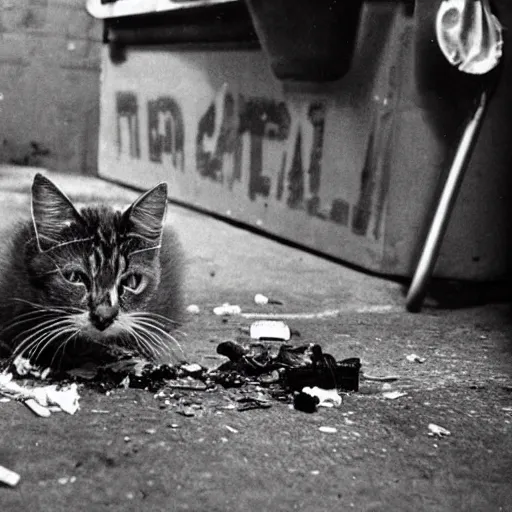 Image similar to once there was a little alley cat without a name. he lived among the trash and only came out at night, a quantum computer in the garbage