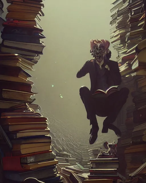 Image similar to highly detailed surreal vfx portrait of a villain in a graveyard of books, stephen bliss, unreal engine, greg rutkowski, loish, rhads, beeple, makoto shinkai and lois van baarle, ilya kuvshinov, rossdraws, tom bagshaw, alphonse mucha, global illumination, detailed and intricate environment